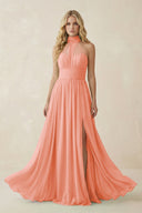 Illusion Halter A - Line Chiffon Bridesmaid Gown in Rosette - KISS BRIDAL Bridesmaid Dresses