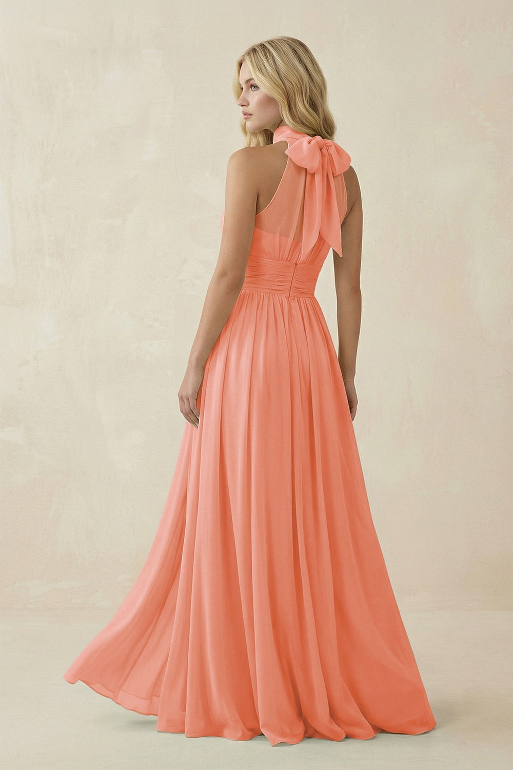 Illusion Halter A - Line Chiffon Bridesmaid Gown in Rosette - KISS BRIDAL Bridesmaid Dresses