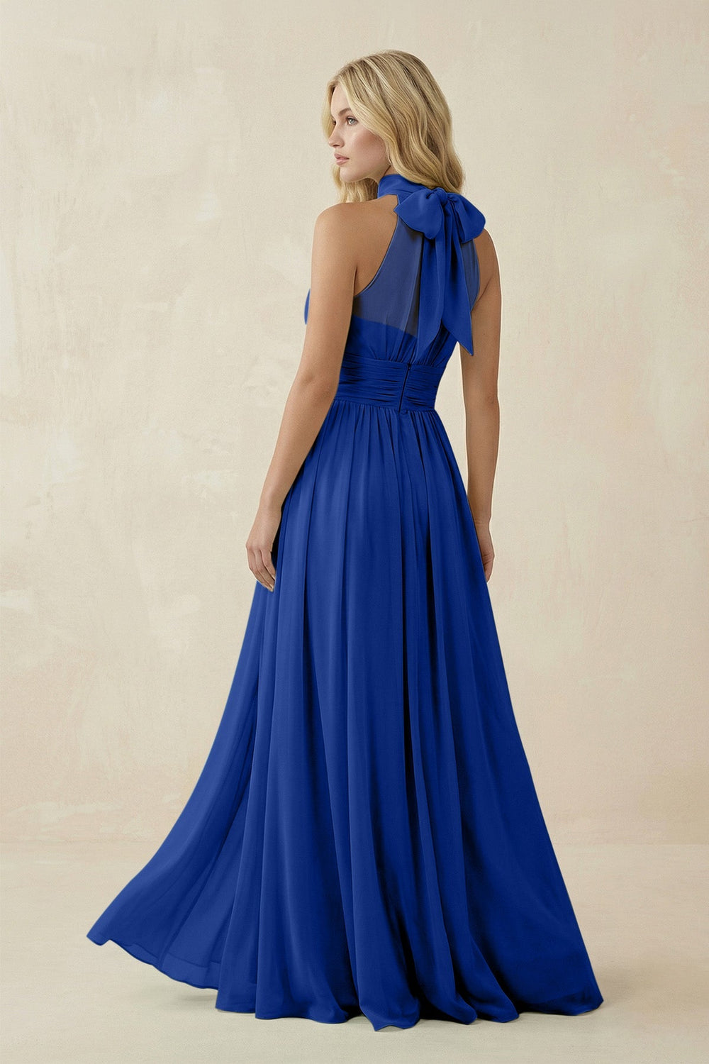 Illusion Halter A - Line Chiffon Bridesmaid Gown in Royal Blue - KISS BRIDAL Bridesmaid Dresses