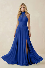 Illusion Halter A - Line Chiffon Bridesmaid Gown in Royal Blue - KISS BRIDAL Bridesmaid Dresses