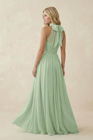 Illusion Halter A - Line Chiffon Bridesmaid Gown in Sage - KISS BRIDAL Bridesmaid Dresses