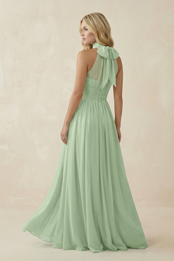 Illusion Halter A - Line Chiffon Bridesmaid Gown in Sage - KISS BRIDAL Bridesmaid Dresses