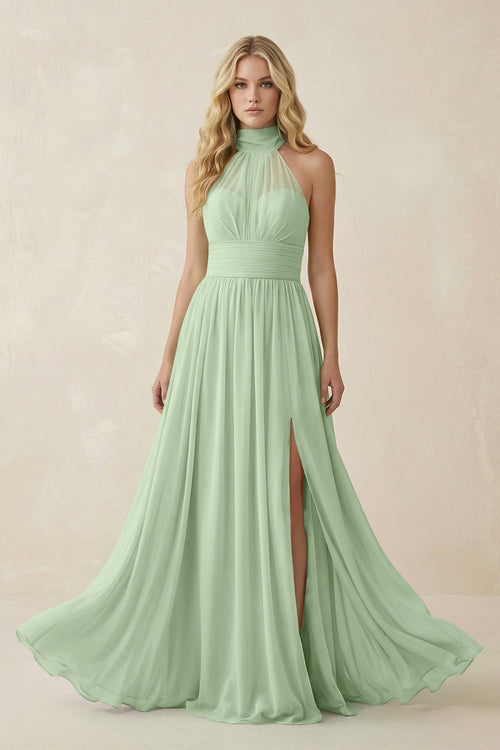 Illusion Halter A - Line Chiffon Bridesmaid Gown in Sage - KISS BRIDAL Bridesmaid Dresses