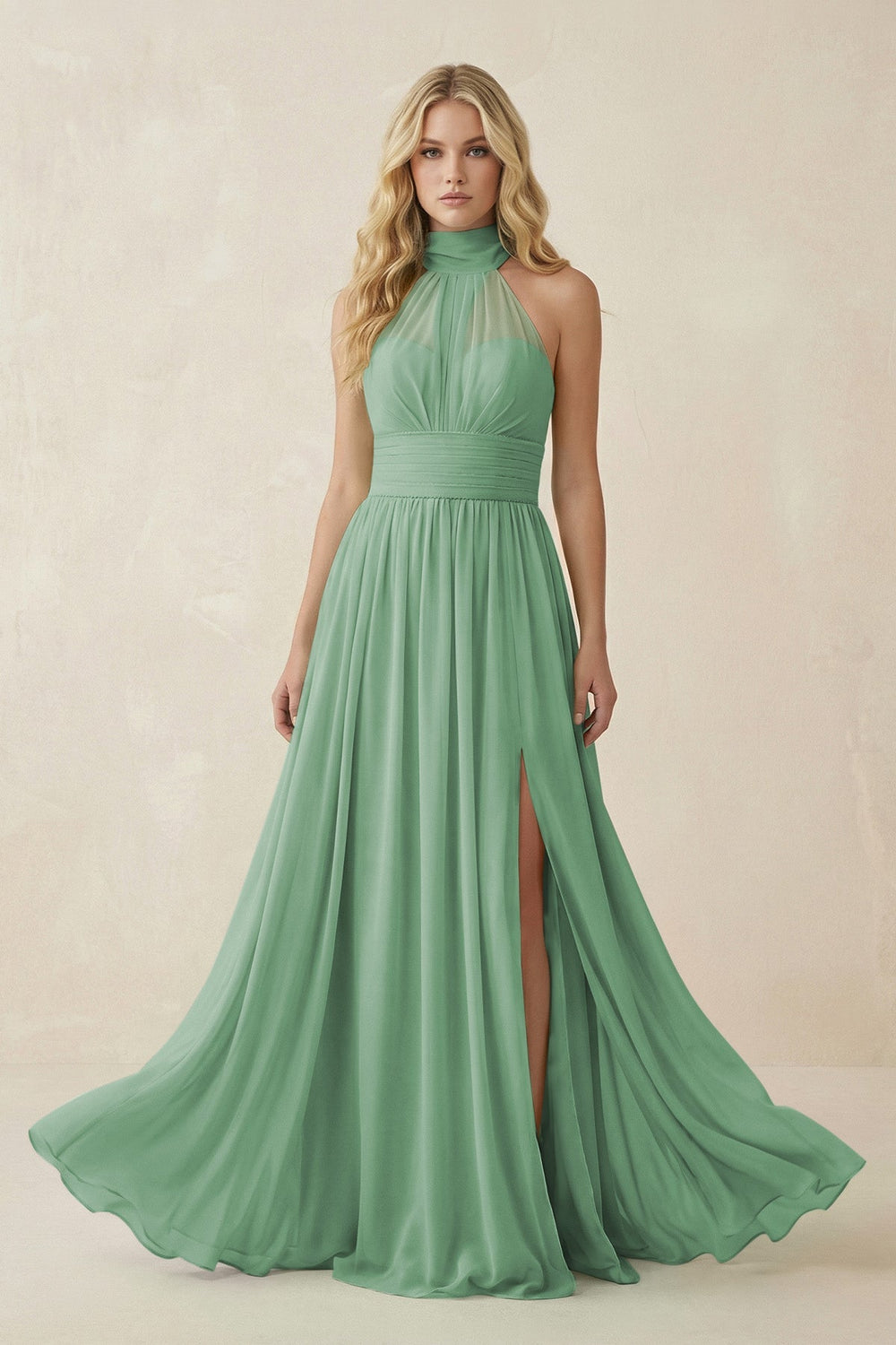 Illusion Halter A - Line Chiffon Bridesmaid Gown in Sea Glass - KISS BRIDAL Bridesmaid Dresses