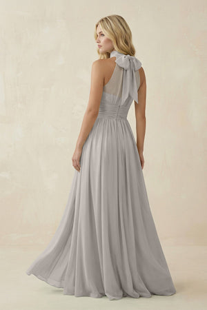 Illusion Halter A - Line Chiffon Bridesmaid Gown in Silver - KISS BRIDAL Bridesmaid Dresses
