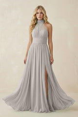 Illusion Halter A - Line Chiffon Bridesmaid Gown in Silver - KISS BRIDAL Bridesmaid Dresses