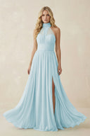 Illusion Halter A - Line Chiffon Bridesmaid Gown in Sky Blue - KISS BRIDAL Bridesmaid Dresses