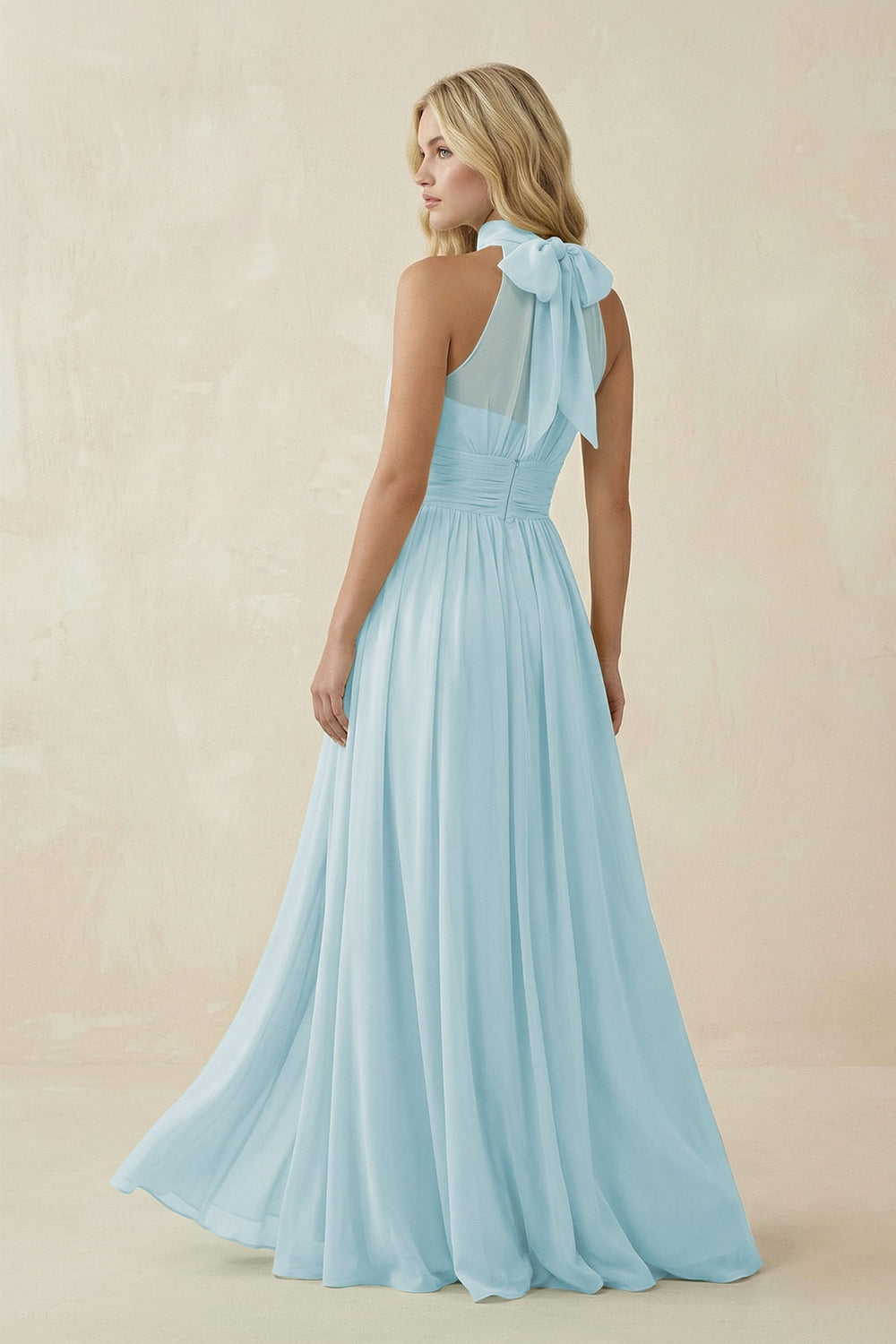 Illusion Halter A - Line Chiffon Bridesmaid Gown in Sky Blue - KISS BRIDAL Bridesmaid Dresses