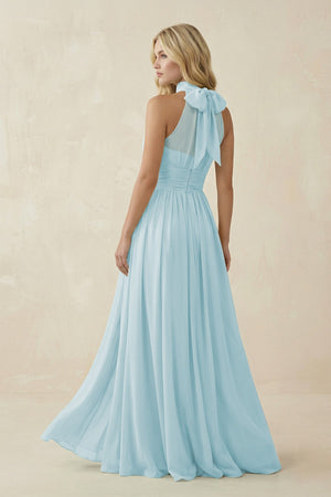 Illusion Halter A - Line Chiffon Bridesmaid Gown in Sky Blue - KISS BRIDAL Bridesmaid Dresses