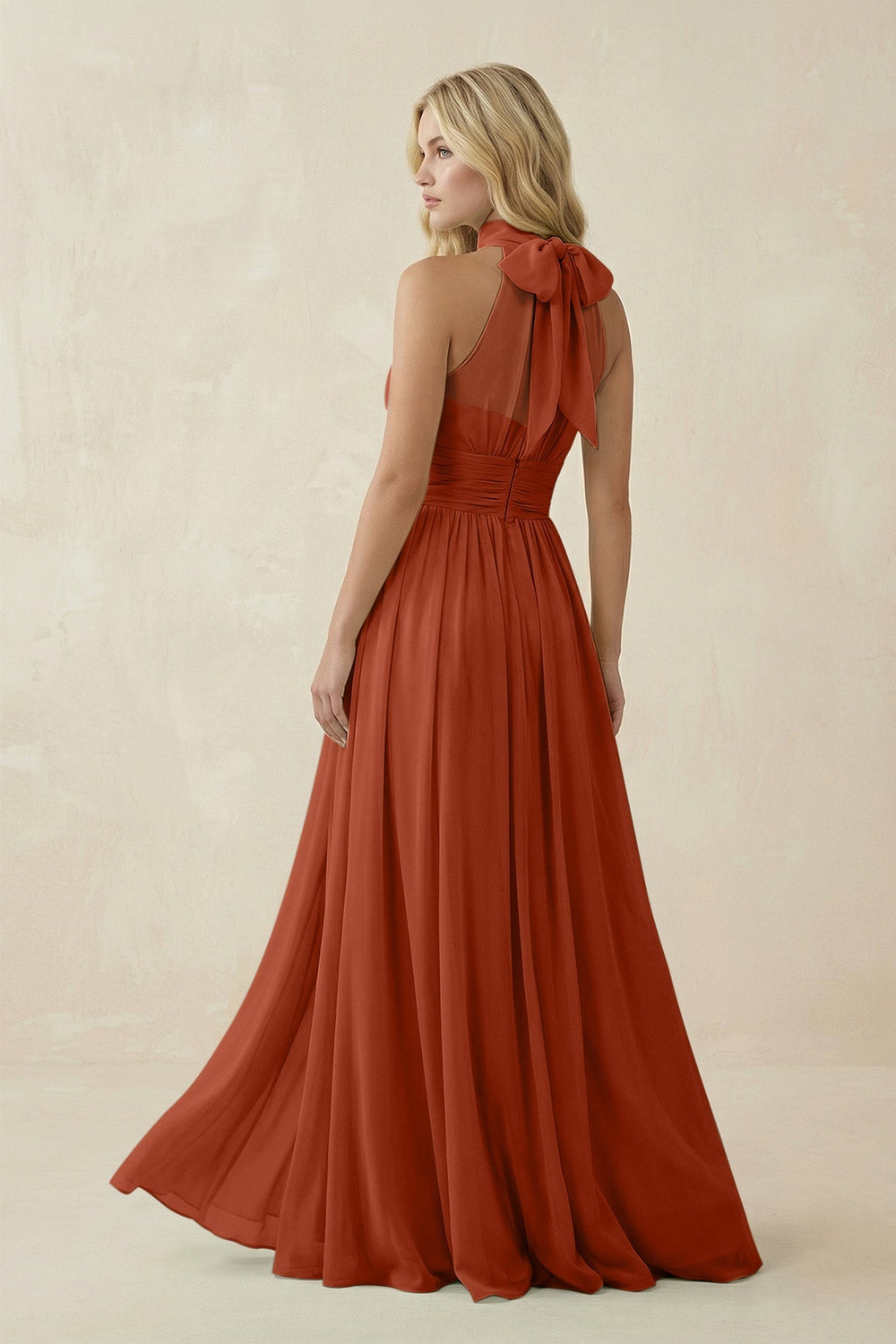 Illusion Halter A - Line Chiffon Bridesmaid Gown in Spice - KISS BRIDAL Bridesmaid Dresses