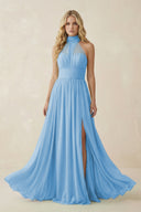 Illusion Halter A - Line Chiffon Bridesmaid Gown in Steel Blue - KISS BRIDAL Bridesmaid Dresses