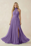 Illusion Halter A - Line Chiffon Bridesmaid Gown in Tahiti - KISS BRIDAL Bridesmaid Dresses