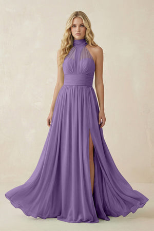 Illusion Halter A - Line Chiffon Bridesmaid Gown in Tahiti - KISS BRIDAL Bridesmaid Dresses