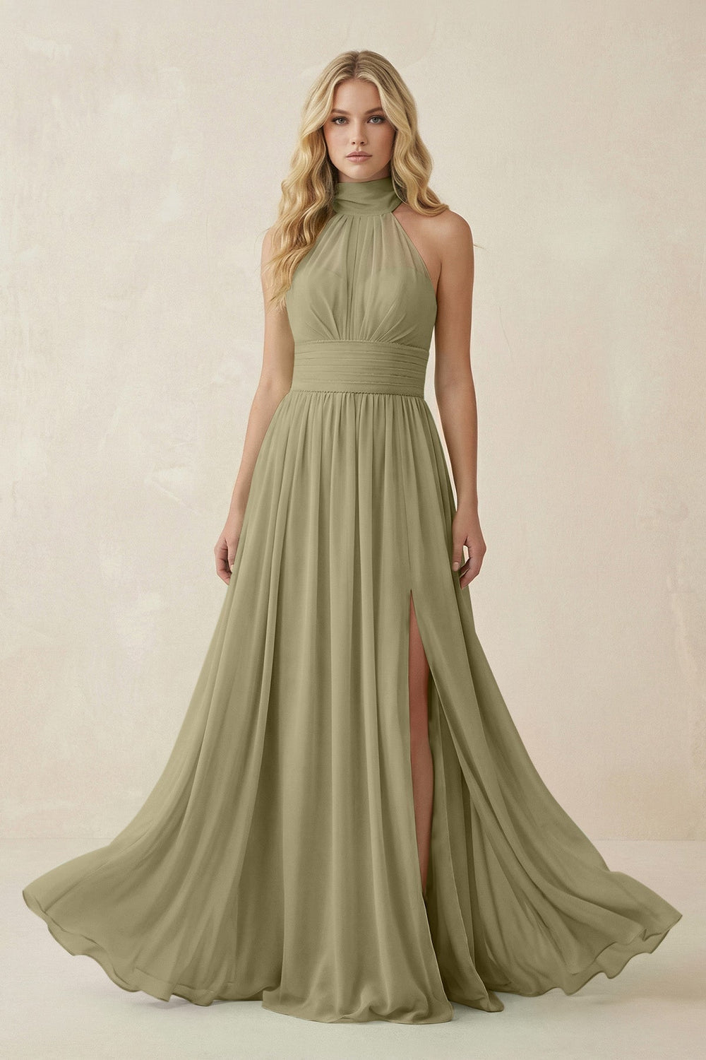 Illusion Halter A - Line Chiffon Bridesmaid Gown in Thyme - SHE IS ME Bridesmaid Dresses