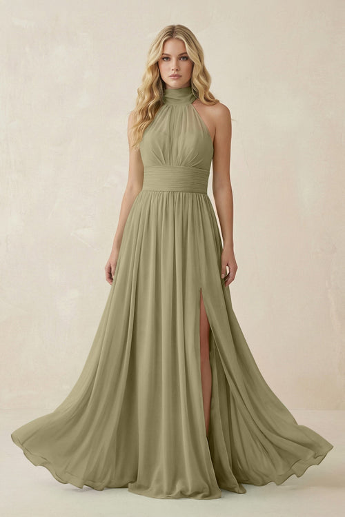 Illusion Halter A - Line Chiffon Bridesmaid Gown in Thyme - KISS BRIDAL Bridesmaid Dresses