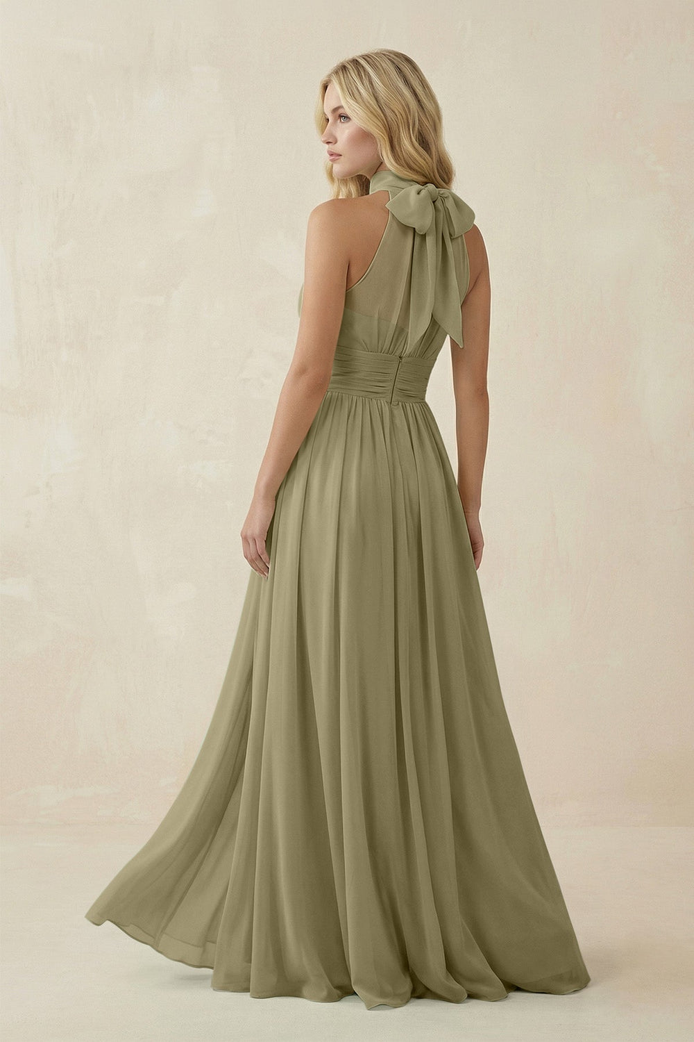 Illusion Halter A - Line Chiffon Bridesmaid Gown in Thyme - KISS BRIDAL Bridesmaid Dresses