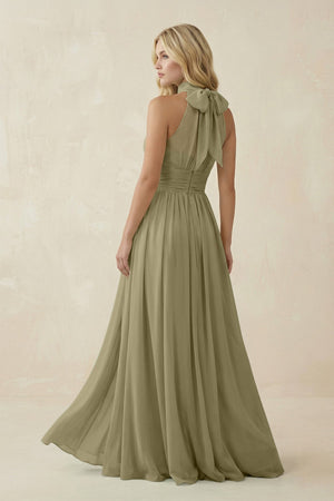 Illusion Halter A - Line Chiffon Bridesmaid Gown in Thyme - KISS BRIDAL Bridesmaid Dresses