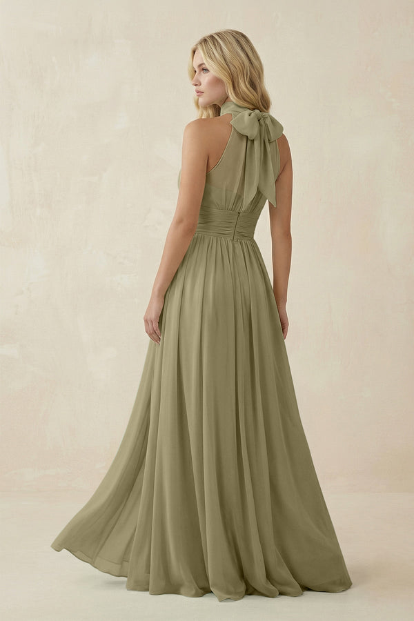 Illusion Halter A - Line Chiffon Bridesmaid Gown in Thyme - KISS BRIDAL Bridesmaid Dresses