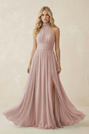 Illusion Halter A - Line Chiffon Bridesmaid Gown in Toffee - KISS BRIDAL Bridesmaid Dresses