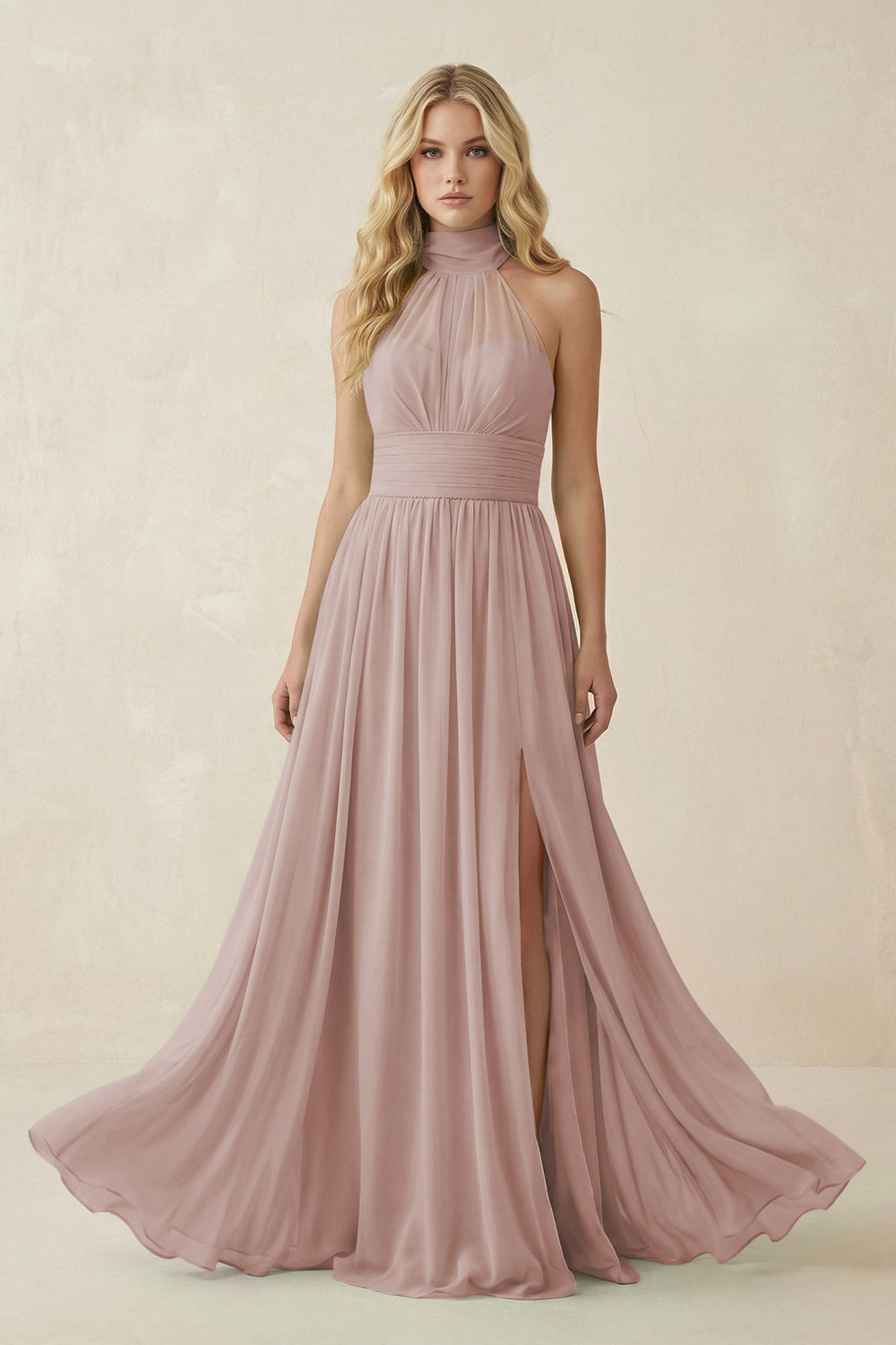 Illusion Halter A-Line Chiffon Bridesmaid Gown in Toffee