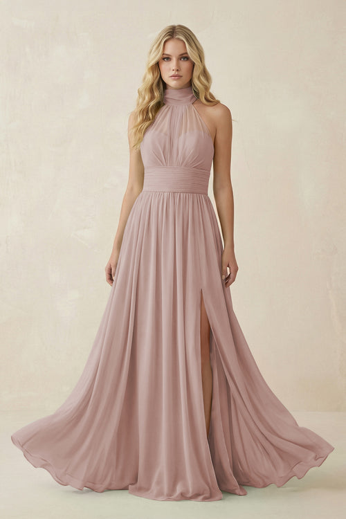 Illusion Halter A-Line Chiffon Bridesmaid Gown in Toffee | KISSBRIDAL