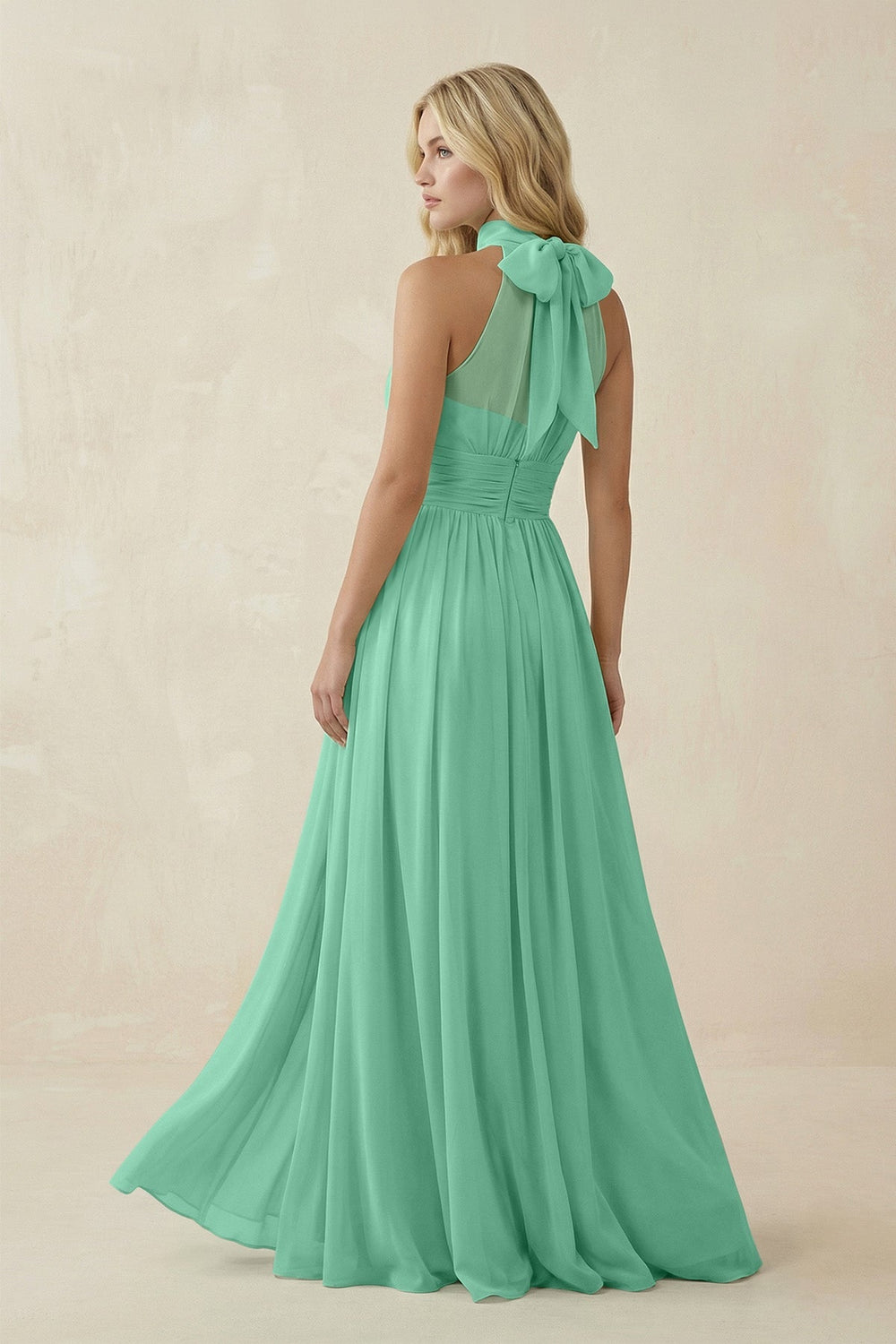 Illusion Halter A - Line Chiffon Bridesmaid Gown in Turquoise - KISS BRIDAL Bridesmaid Dresses