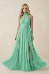 Illusion Halter A - Line Chiffon Bridesmaid Gown in Turquoise - KISS BRIDAL Bridesmaid Dresses
