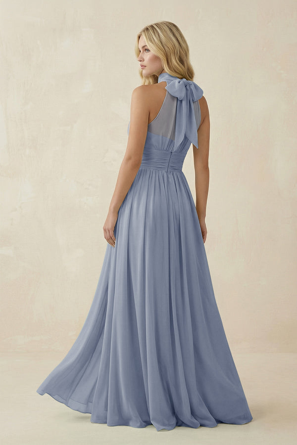 Illusion Halter A - Line Chiffon Bridesmaid Gown in Twilight - KISS BRIDAL Bridesmaid Dresses