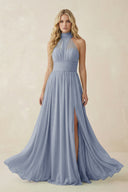 Illusion Halter A - Line Chiffon Bridesmaid Gown in Twilight - KISS BRIDAL Bridesmaid Dresses