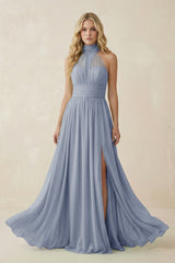 Illusion Halter A - Line Chiffon Bridesmaid Gown in Twilight - KISS BRIDAL Bridesmaid Dresses