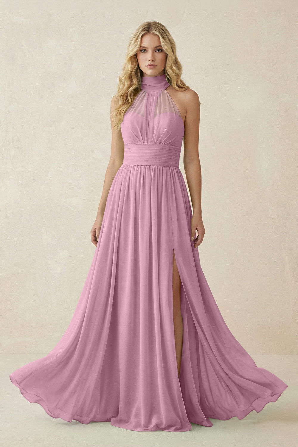 Illusion Halter A - Line Chiffon Bridesmaid Gown in Vintage Mauve - KISS BRIDAL Bridesmaid Dresses