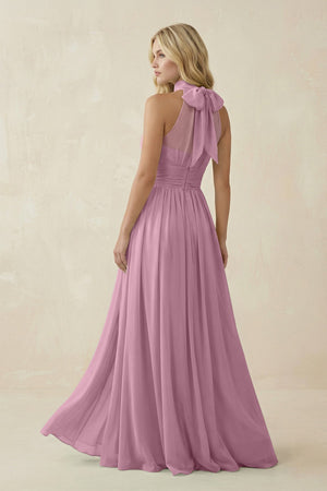 Illusion Halter A - Line Chiffon Bridesmaid Gown in Vintage Mauve - KISS BRIDAL Bridesmaid Dresses