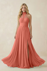 Illusion Halter A - Line Chiffon Bridesmaid Gown in Wild Rose - KISS BRIDAL Bridesmaid Dresses