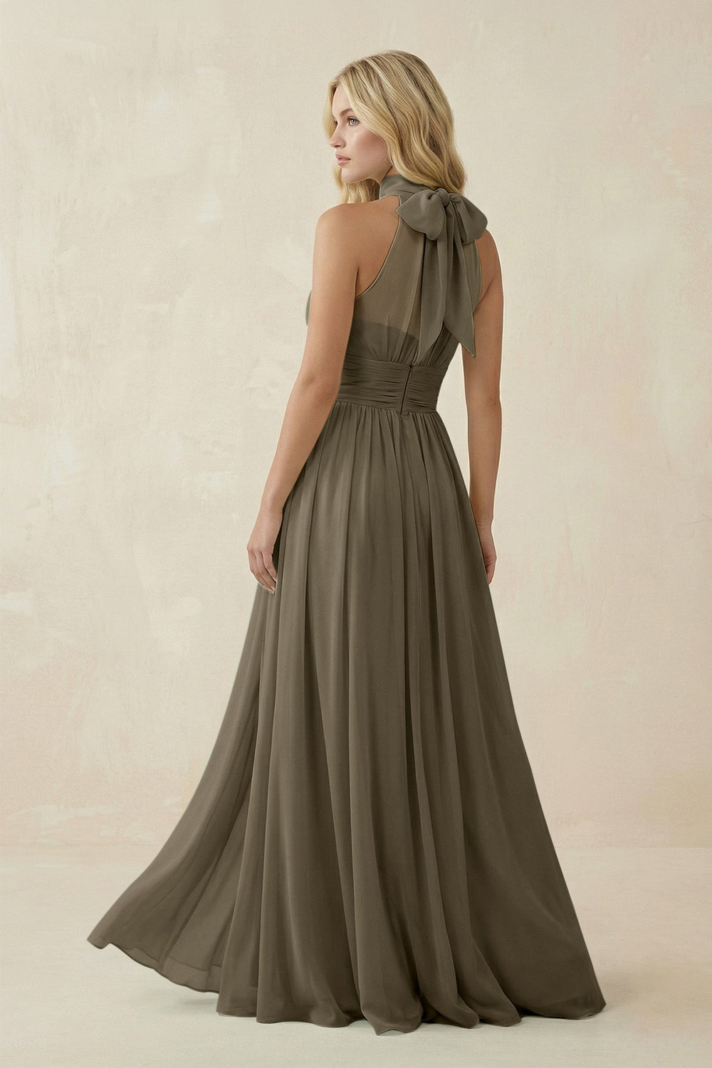 Illusion Halter A - Line Chiffon Bridesmaid Gown in Willow Green - KISS BRIDAL Bridesmaid Dresses