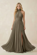 Illusion Halter A - Line Chiffon Bridesmaid Gown in Willow Green - KISS BRIDAL Bridesmaid Dresses