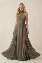 Illusion Halter A - Line Chiffon Bridesmaid Gown in Willow Green - KISS BRIDAL Bridesmaid Dresses