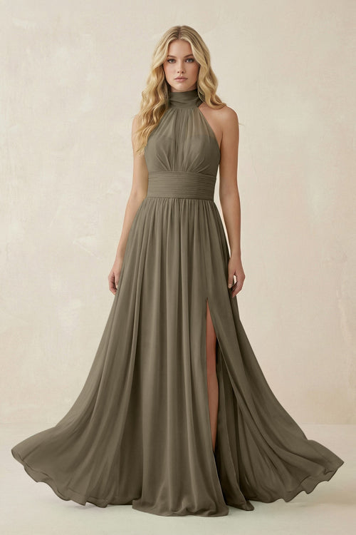 Illusion Halter A - Line Chiffon Bridesmaid Gown in Willow Green - KISS BRIDAL Bridesmaid Dresses