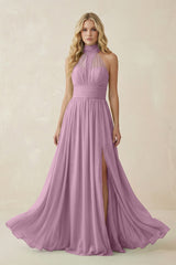 Illusion Halter A - Line Chiffon Bridesmaid Gown in Wisteria - KISS BRIDAL Bridesmaid Dresses