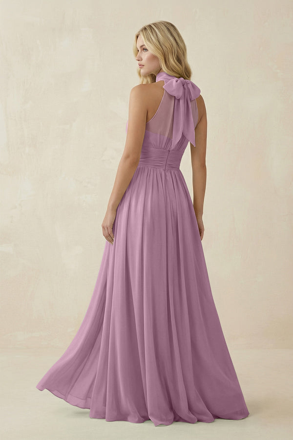 Illusion Halter A - Line Chiffon Bridesmaid Gown in Wisteria - KISS BRIDAL Bridesmaid Dresses