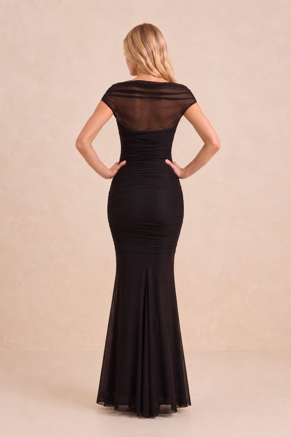 Illusion Mermaid Stretch Mesh Maxi Dress with Cap Sleeves in Black – KISS BRIDAL Dresses