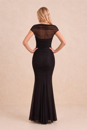 Illusion Mermaid Stretch Mesh Maxi Dress with Cap Sleeves in Black – SHE IS ME Dresses