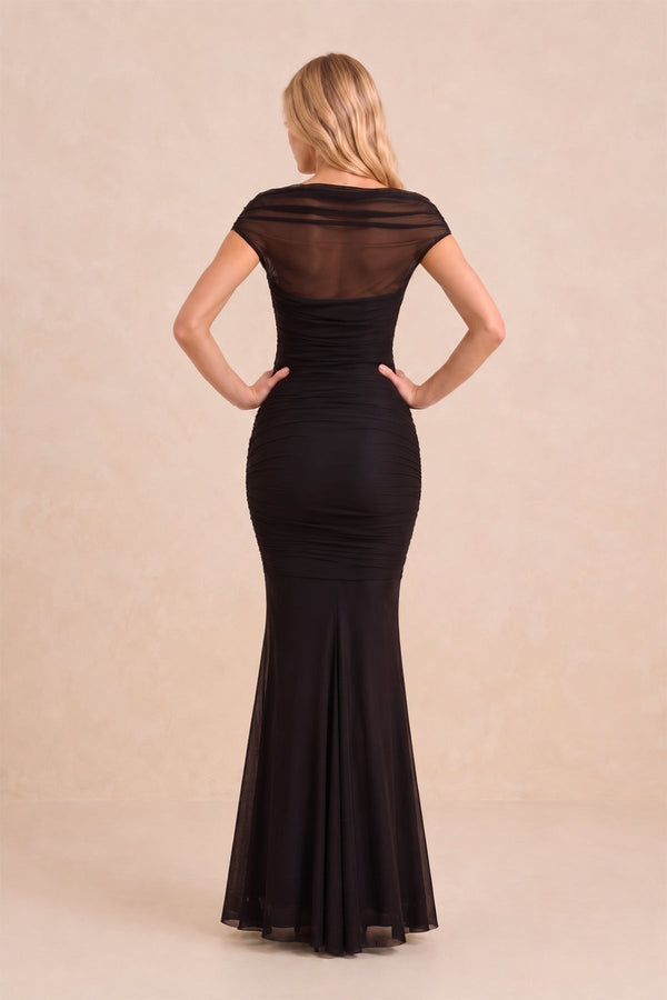 Illusion Mermaid Stretch Mesh Maxi Dress with Cap Sleeves in Black – SHE IS ME Dresses