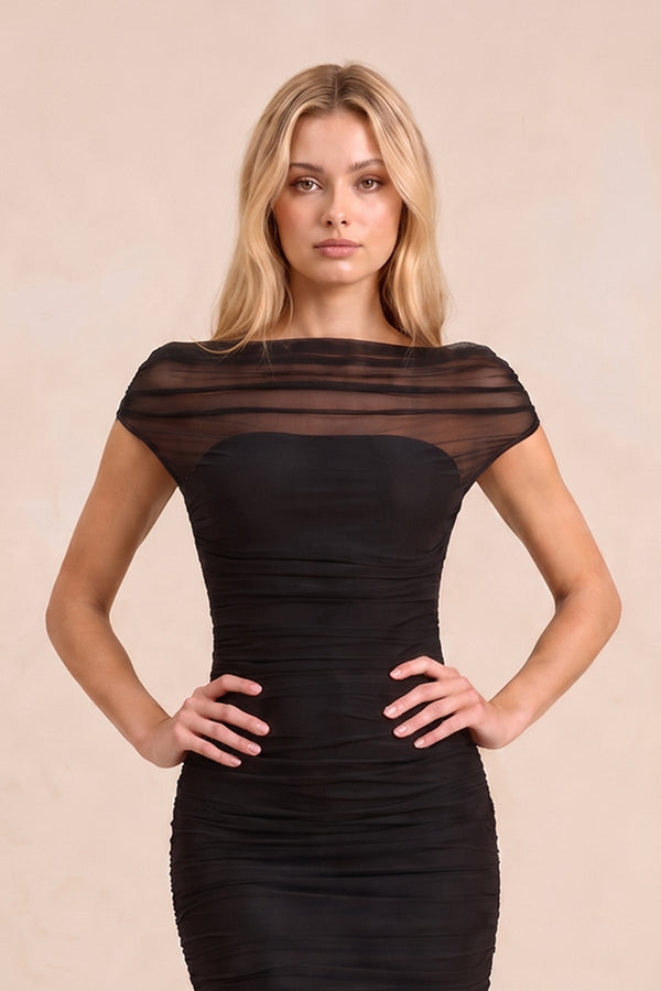 Illusion Mermaid Stretch Mesh Maxi Dress with Cap Sleeves in Black – SHE IS ME Dresses