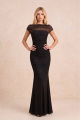 Illusion Mermaid Stretch Mesh Maxi Dress with Cap Sleeves in Black – KISS BRIDAL
