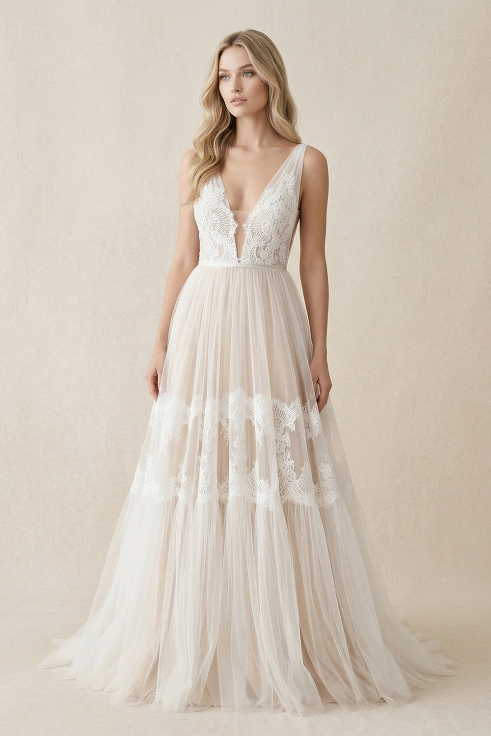 Illusion Neck A - Line Lace Wedding Dress in Ivory - KISS BRIDAL Wedding Dresses