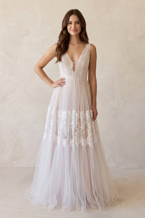 Illusion Neck A - Line Lace Wedding Dress in Ivory - KISS BRIDAL Wedding Dresses