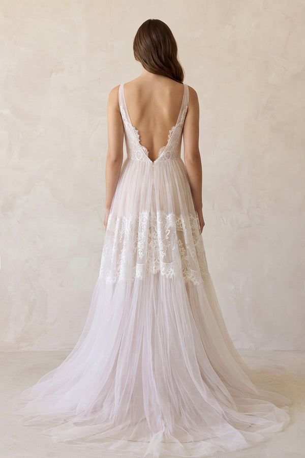 Illusion Neck A - Line Lace Wedding Dress in Ivory - KISS BRIDAL Wedding Dresses