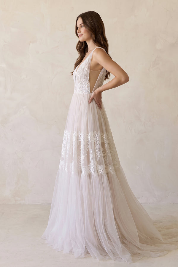 Illusion Neck A - Line Lace Wedding Dress in Ivory - KISS BRIDAL Wedding Dresses