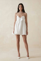 Illusion Neck A - Line Satin Bow Mini Wedding Dress With Pearl in White - KISS BRIDAL Wedding Dresses