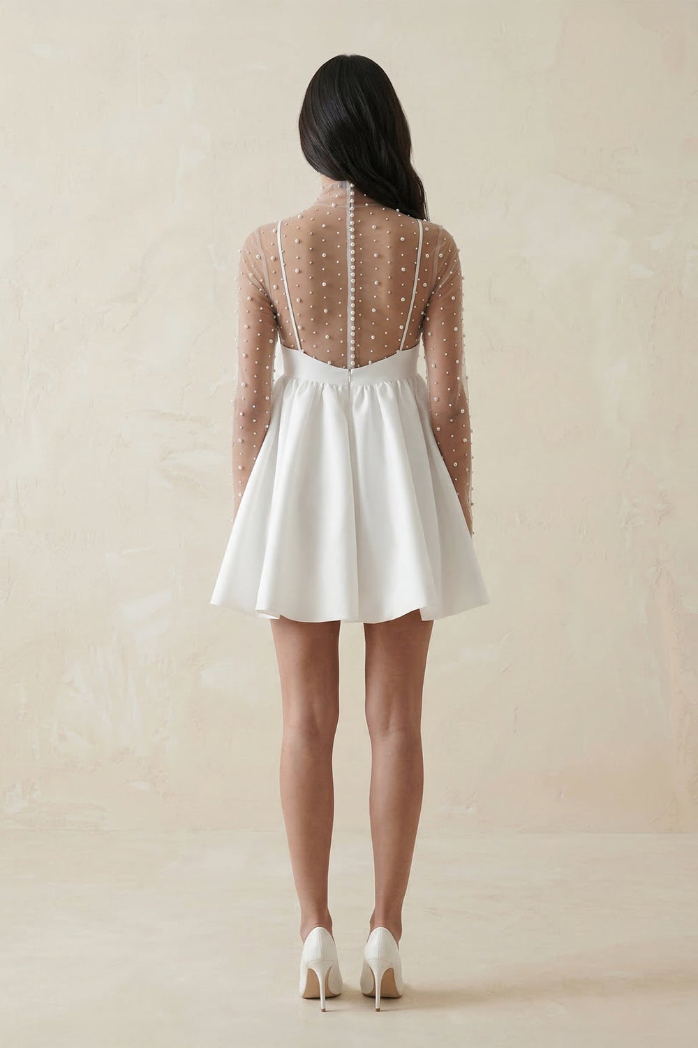 Illusion Neck A - Line Satin Bow Mini Wedding Dress With Pearl in White - KISS BRIDAL Wedding Dresses